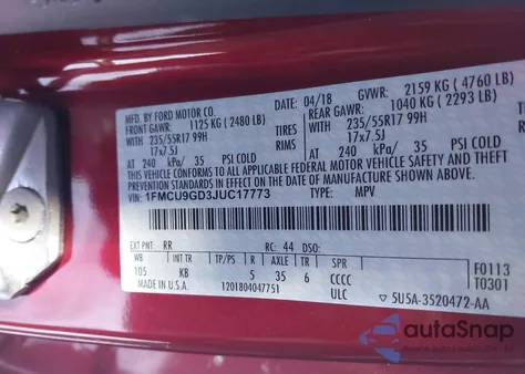 2018 Ford Escape Se from USA, damaged, VIN 1FMCU9GD3JUC17773